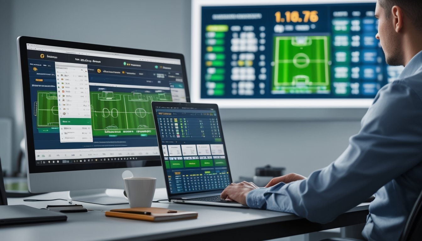 Seseorang sedang duduk di meja dengan beberapa layar yang menampilkan pertandingan sepak bola langsung dan peluang taruhan, menggunakan laptop dan ponsel untuk memasang taruhan.