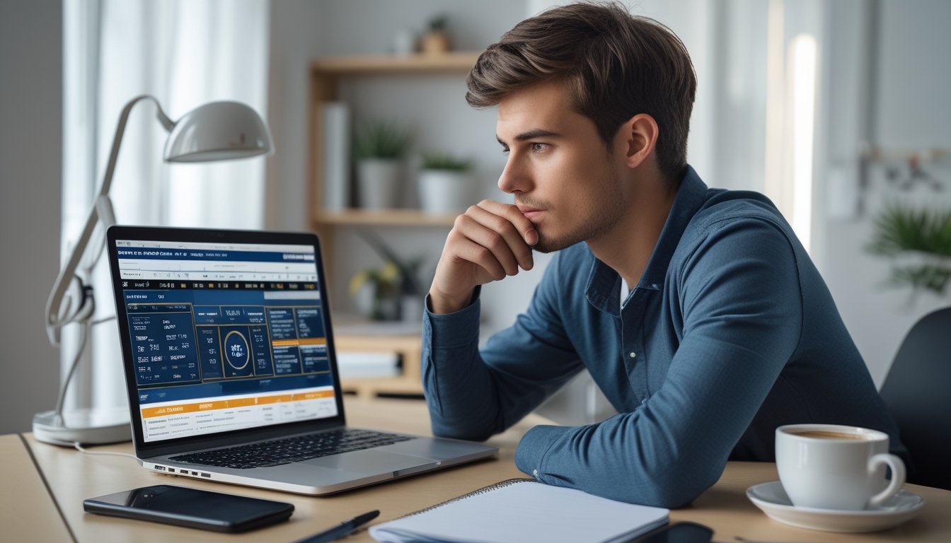 Seorang pria muda duduk di meja dengan laptop terbuka, sedang fokus menganalisis data taruhan bola online di ruang kerja yang terang dan rapi.