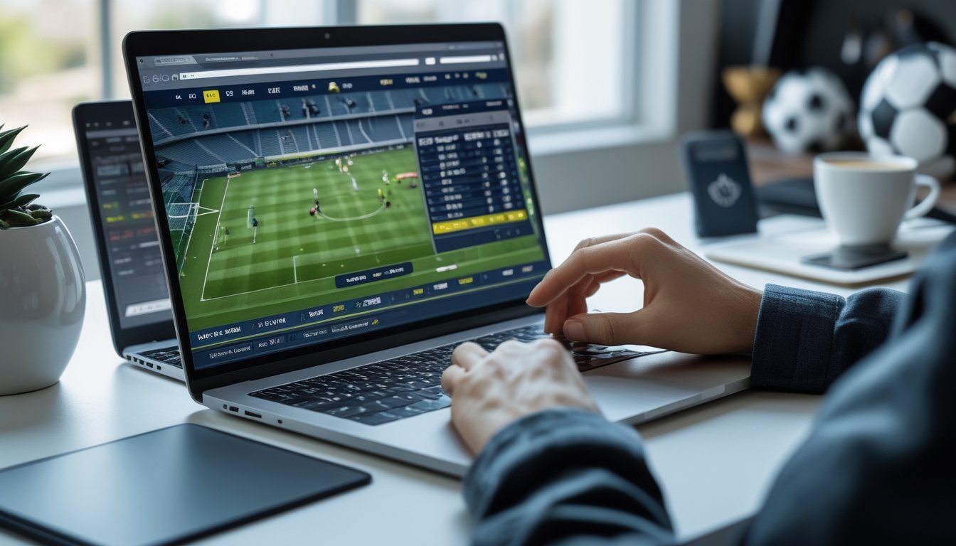 Seseorang menggunakan laptop untuk taruhan bola online dengan layar menampilkan pertandingan sepak bola dan peluang taruhan, di meja kerja yang rapi dengan ponsel dan cangkir kopi.