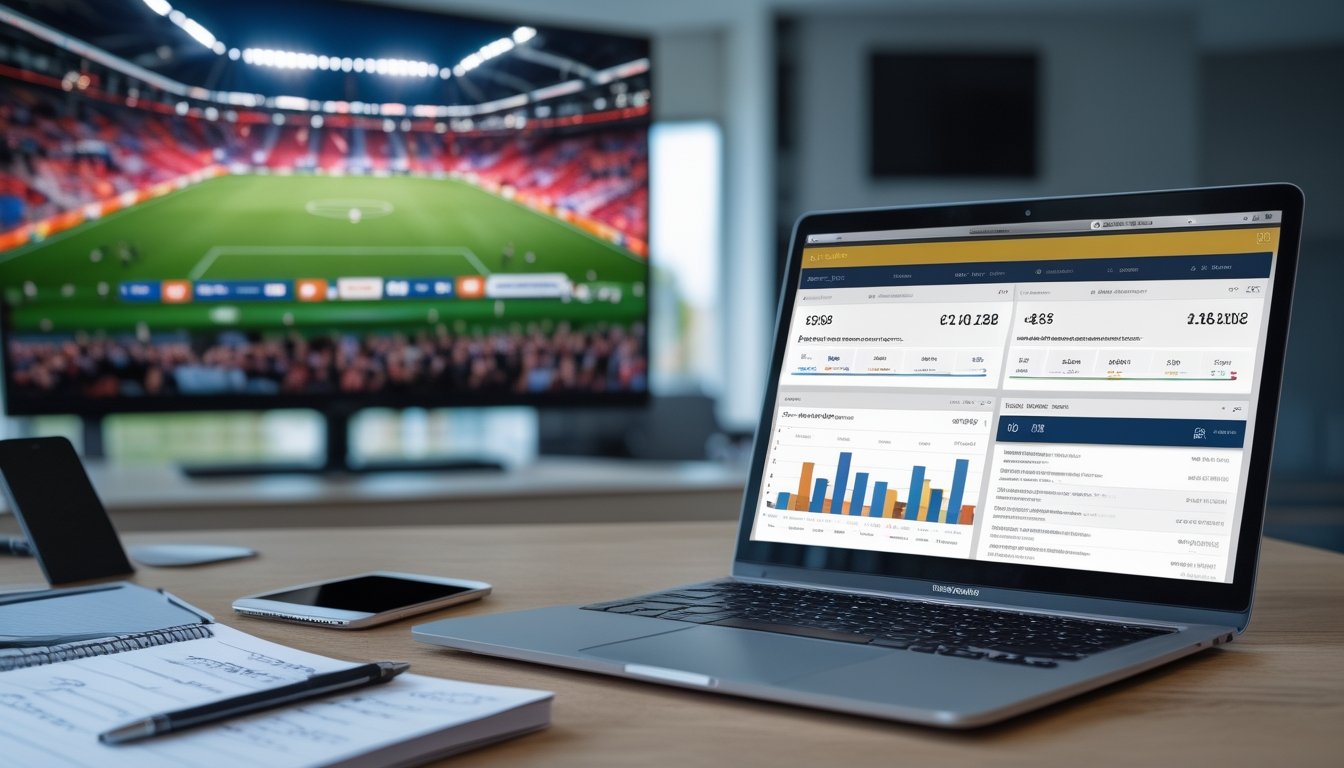 Sebuah ruang kerja modern dengan laptop yang menampilkan statistik pertandingan sepak bola Liga Inggris, notepad dengan catatan, dan televisi yang menayangkan pertandingan sepak bola.