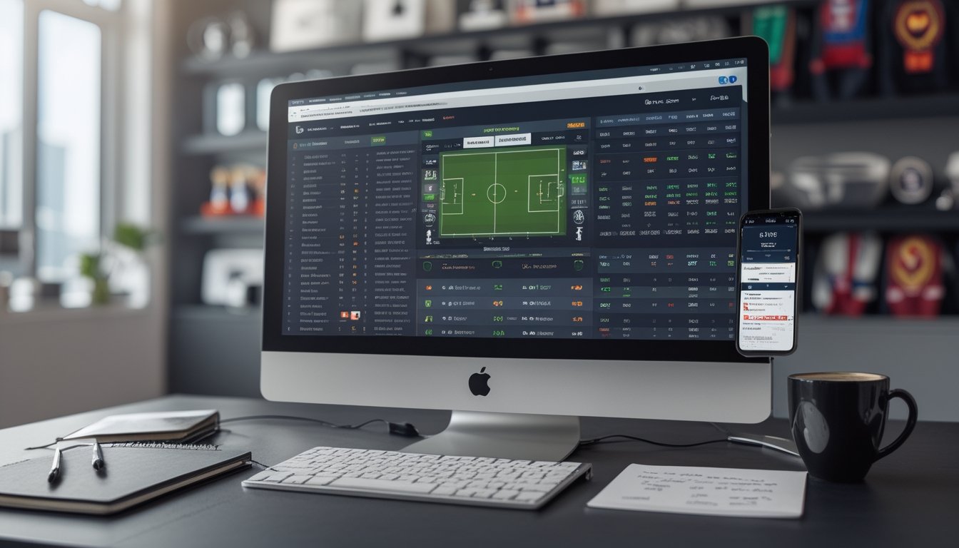 Sebuah ruang kerja dengan komputer yang menampilkan statistik dan prediksi Liga Inggris serta alat tulis dan ponsel di atas meja.