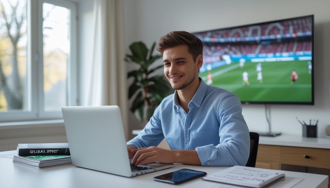 Seorang pria muda duduk di meja kerja dengan laptop, di sekitarnya ada majalah olahraga, ponsel yang menampilkan pertandingan sepak bola, dan catatan di buku tulis, di latar belakang layar besar menunjukkan pertandingan sepak bola.