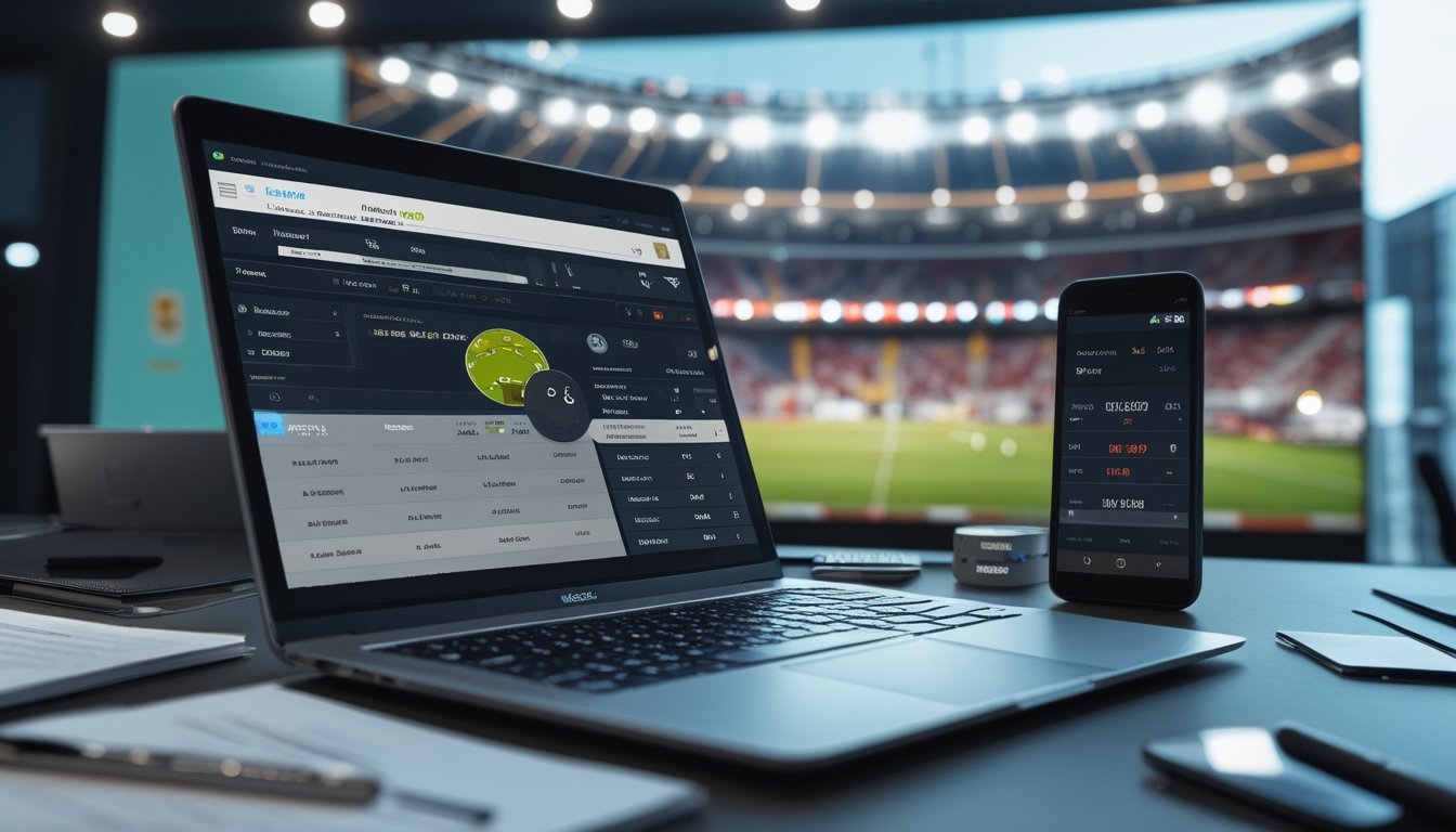 Meja kerja dengan laptop yang menampilkan taruhan handicap bola, catatan, dan ponsel dengan skor sepak bola, di latar belakang stadion sepak bola yang ramai.