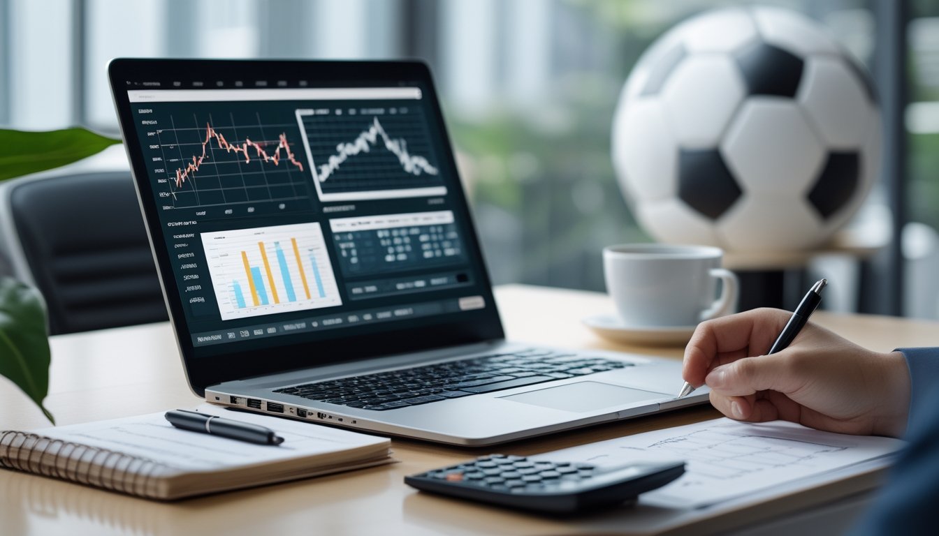 Meja kerja dengan laptop menampilkan grafik keuangan, buku catatan, kalkulator, dan bola sepak di latar belakang.