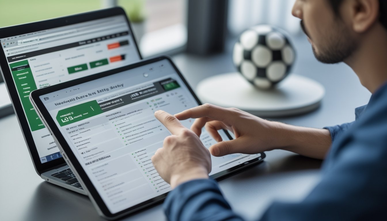 Seseorang sedang melihat dan menganalisis peluang taruhan sepak bola menggunakan tablet di meja kerja dengan bola sepak di samping.