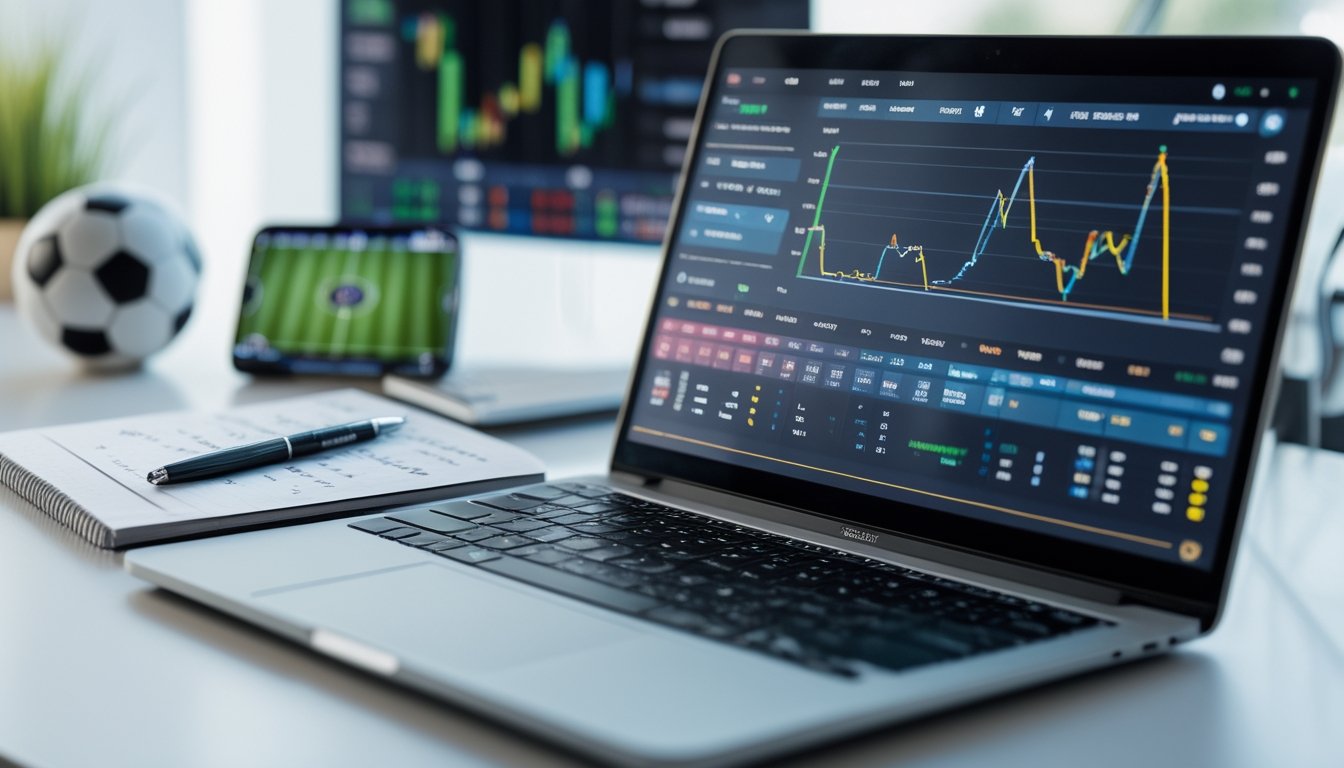 Meja kerja dengan laptop yang menampilkan grafik odds sepak bola, buku catatan dengan tulisan tangan, dan ponsel yang menayangkan pertandingan sepak bola.