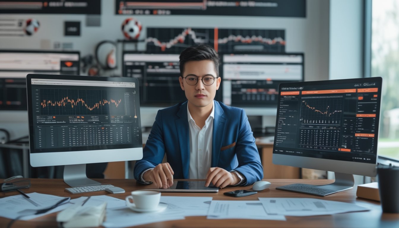 Seorang pria sedang menganalisis data dan statistik pertandingan sepak bola di depan beberapa layar komputer di sebuah kantor modern.