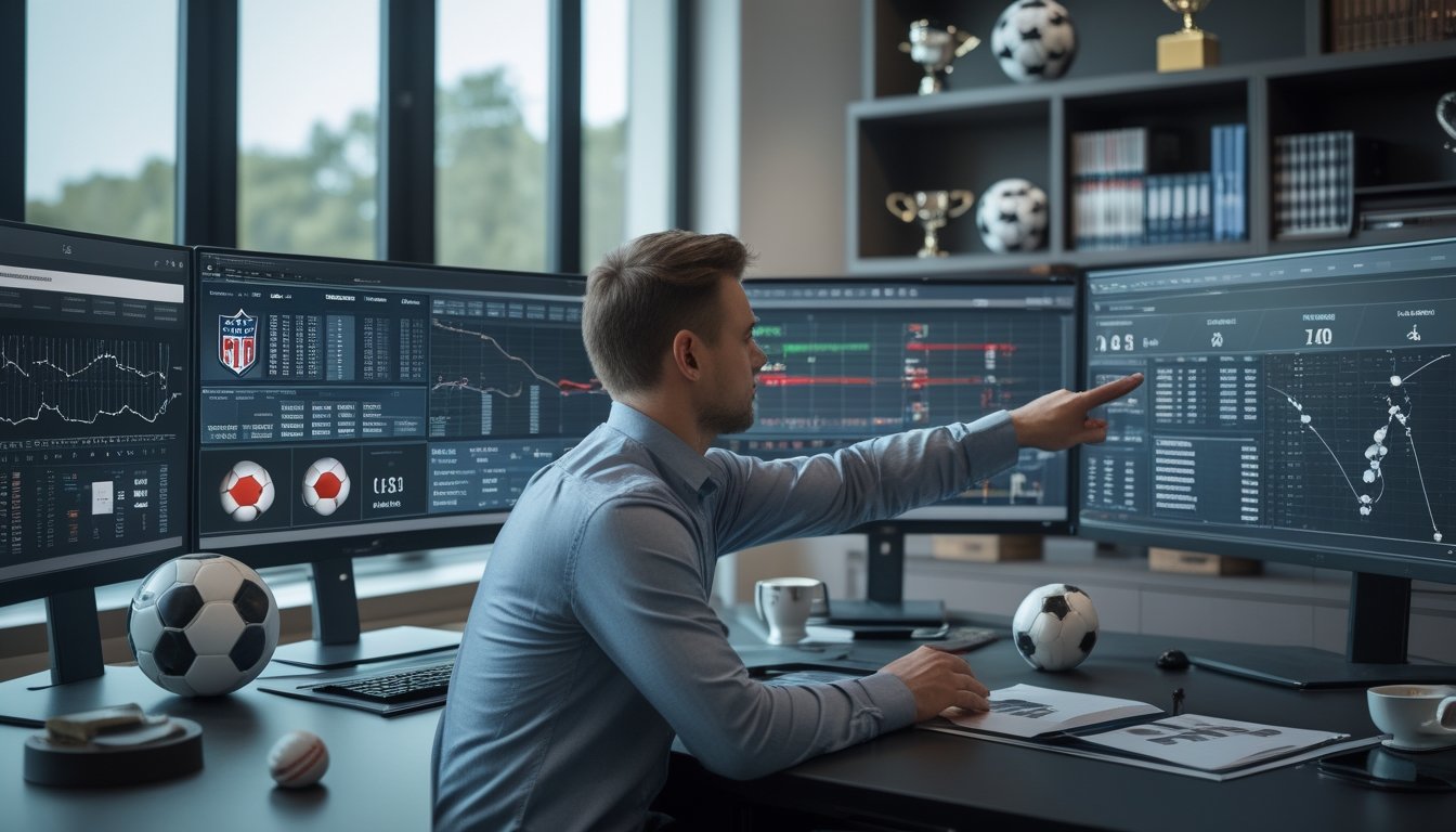 Seorang pria sedang menganalisis data statistik sepak bola di depan beberapa monitor komputer di ruang kerja yang rapi dengan bola sepak dan papan strategi di sekitar.