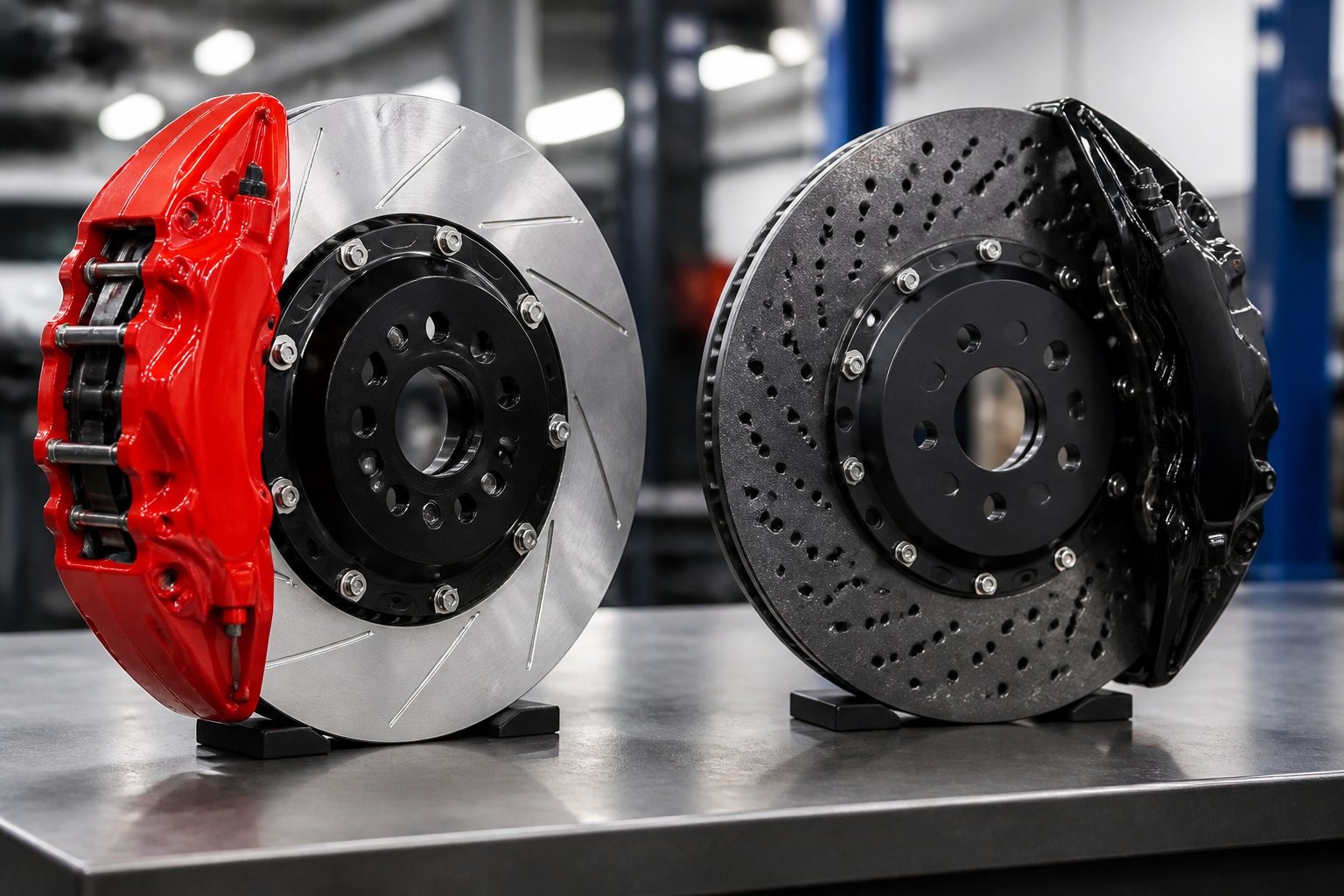 Close-up of two different high-performance brake kits displayed side by side on a workbench.