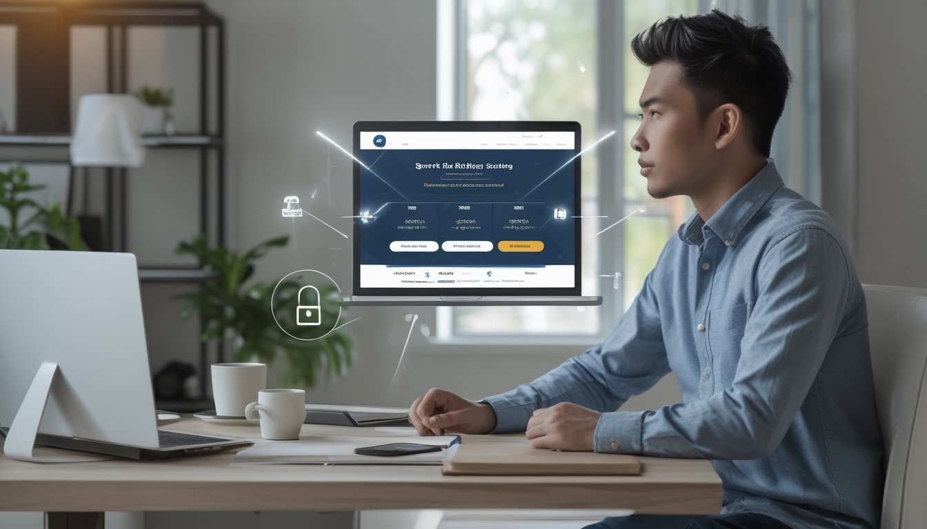 Seorang pria muda Indonesia duduk di meja dengan laptop, fokus pada layar yang menampilkan situs judi olahraga online yang aman.