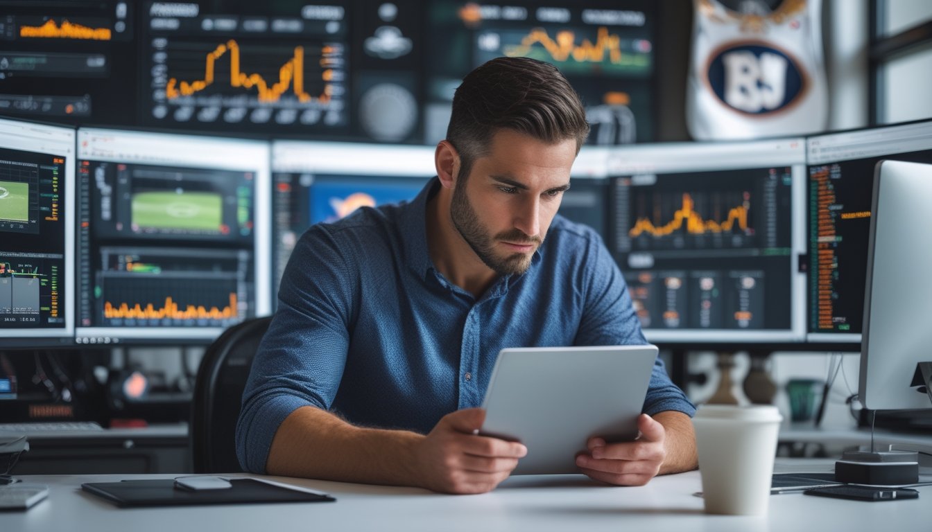 Seorang analis olahraga sedang fokus mempelajari data pertandingan di depan beberapa layar komputer di ruang kerja modern.