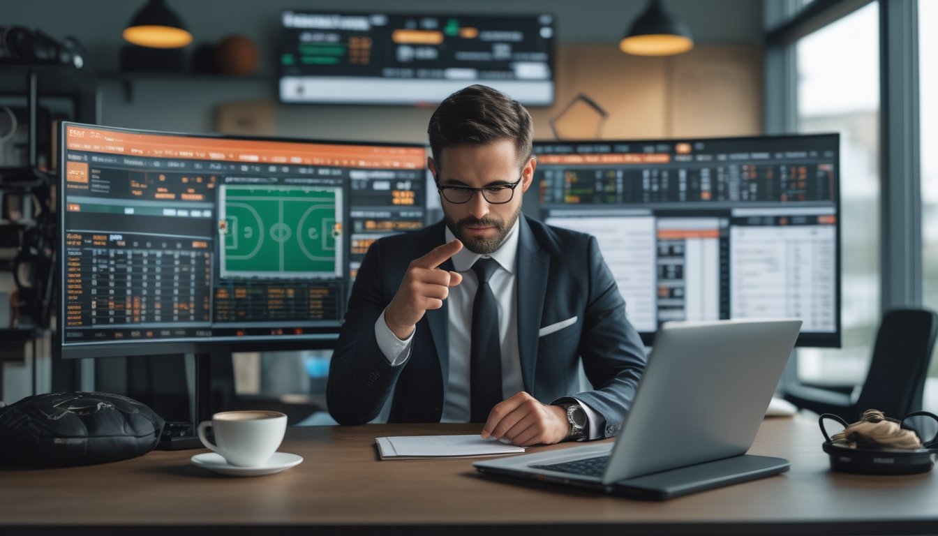 Seorang analis olahraga yang fokus bekerja di depan beberapa monitor yang menampilkan statistik dan rekaman pertandingan.