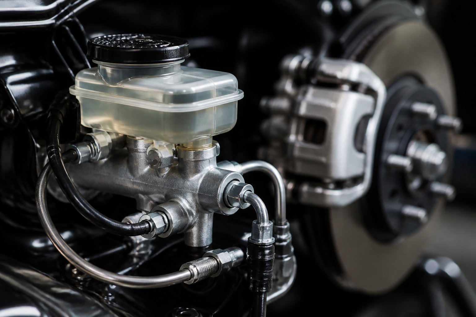 Close-up of brake fluid reservoir and brake lines connected to a car's brake system.