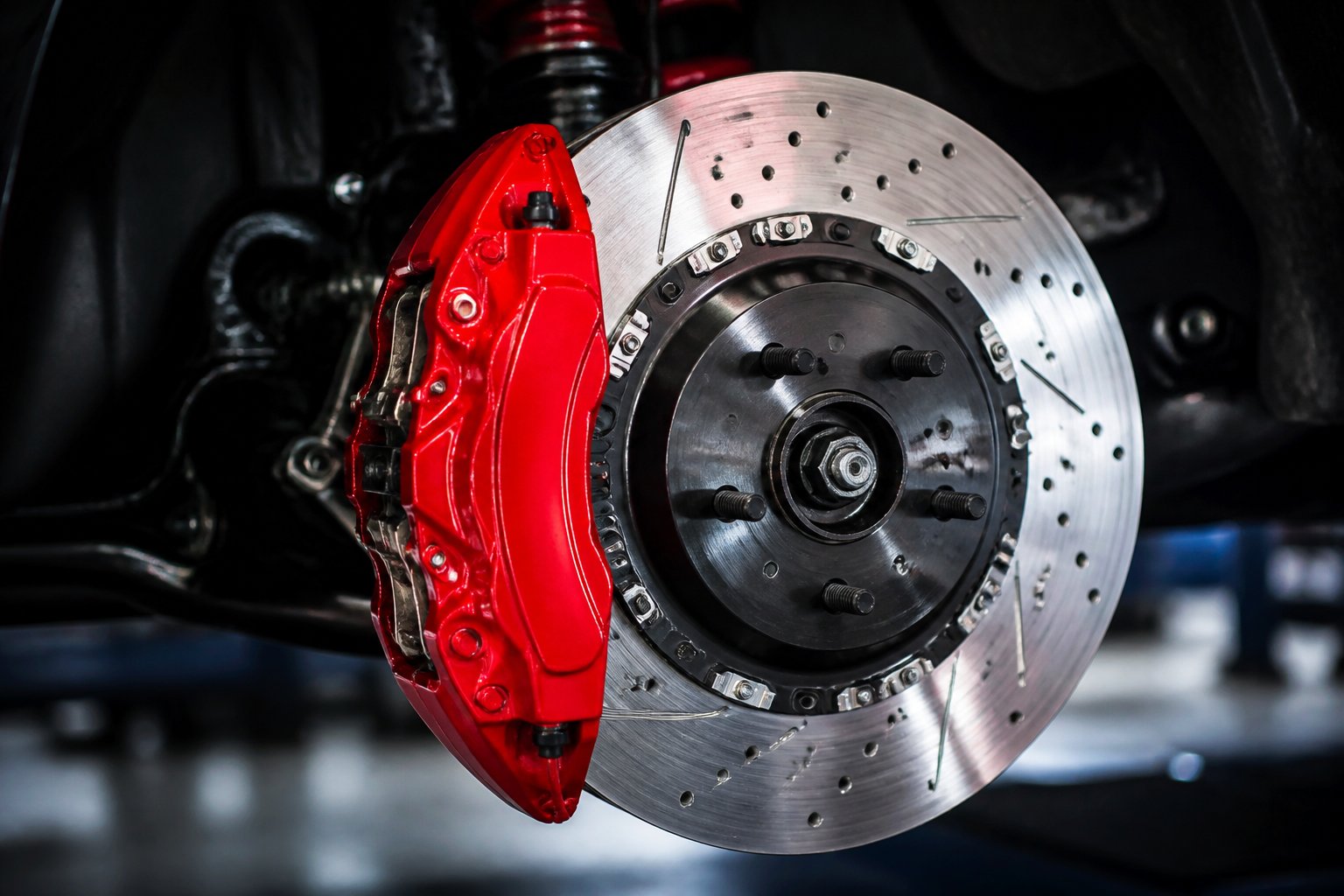 Close-up of a high-performance car brake kit showing the brake rotor and caliper on a sports car wheel.