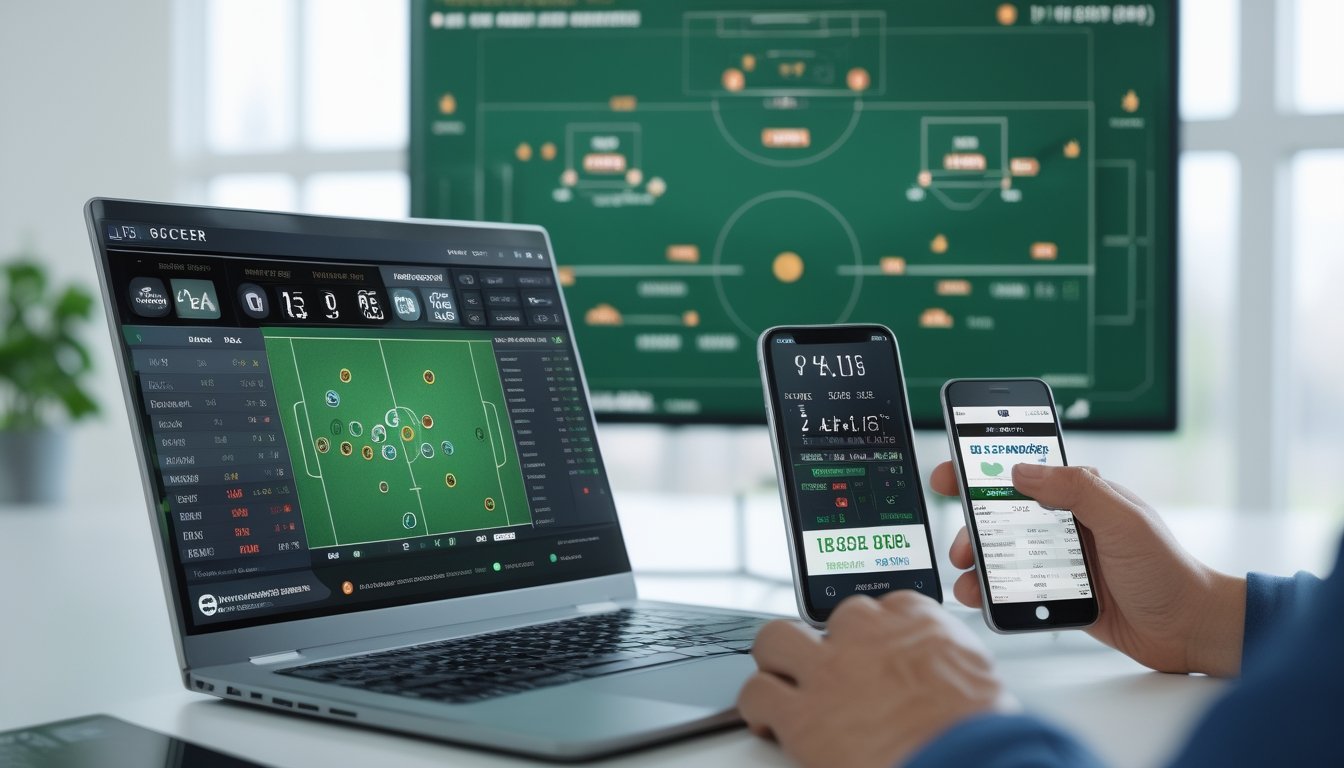 Seorang profesional sedang menganalisis data dan statistik pertandingan sepak bola menggunakan laptop dan tablet di ruang kerja modern.