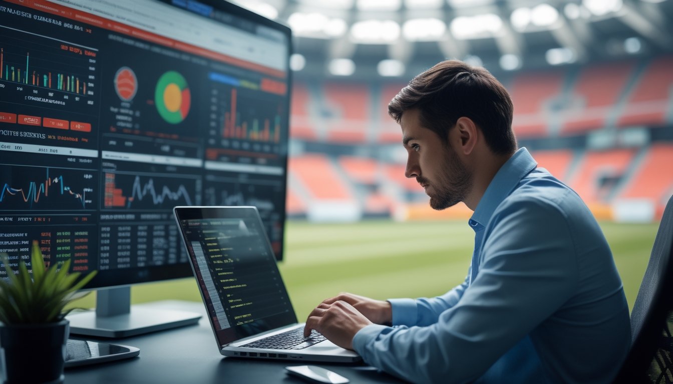 Seorang analis data sedang bekerja dengan laptop di kantor modern dengan layar besar menampilkan statistik dan grafik sepak bola.