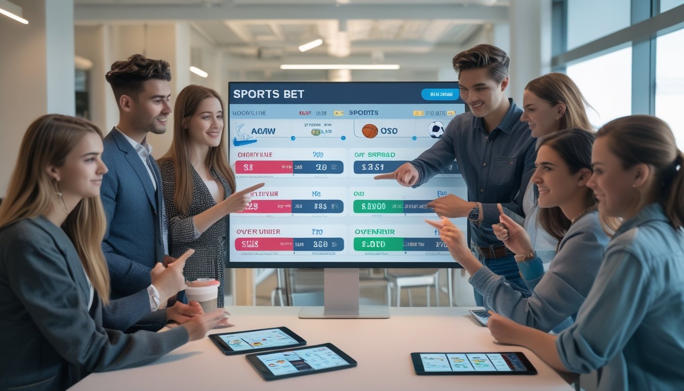Sekelompok orang muda sedang melihat layar digital besar yang menampilkan berbagai jenis taruhan olahraga dengan grafik dan ikon olahraga.