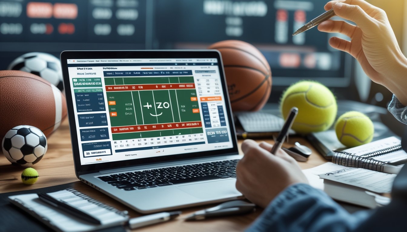 Seseorang sedang menganalisis data taruhan olahraga di depan laptop dengan bola olahraga dan catatan di meja.