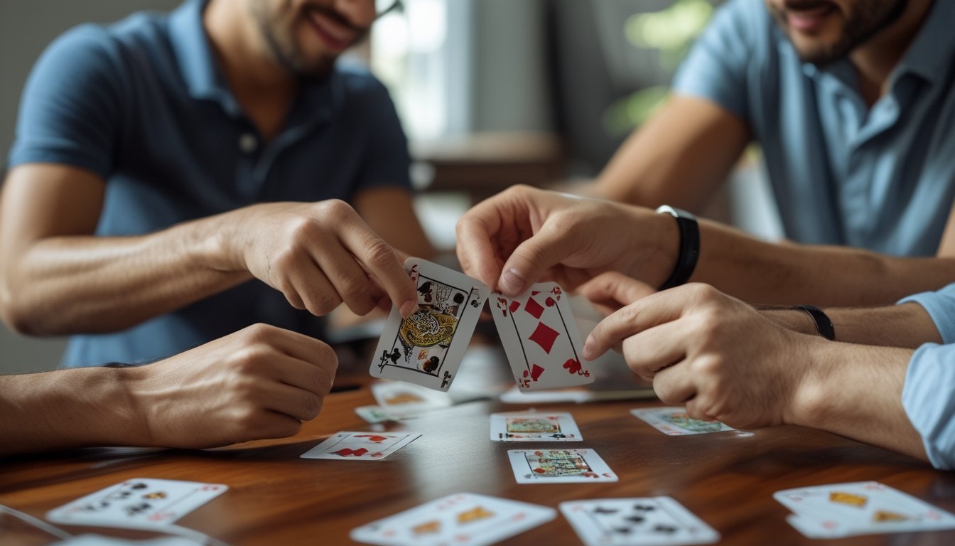 Dua sampai tiga orang sedang bermain kartu Capsa di meja kayu dengan fokus dan serius.