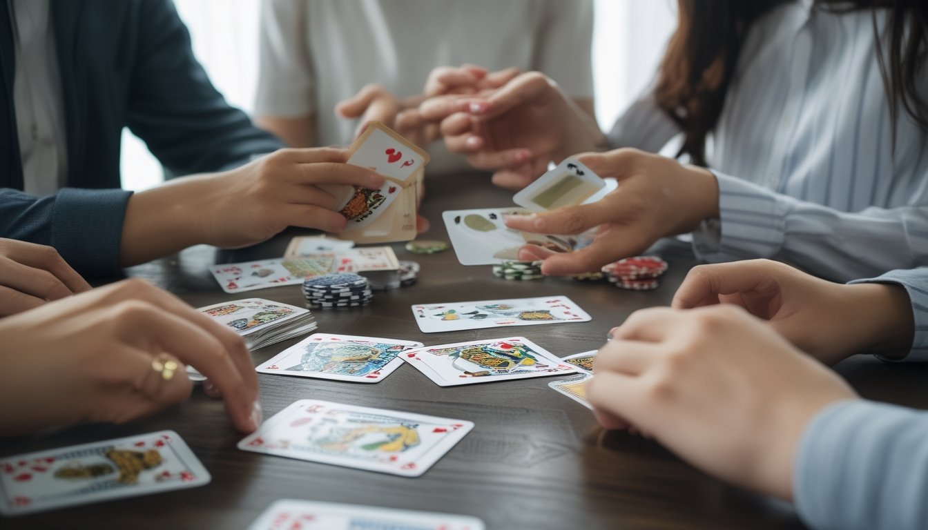 Beberapa orang sedang bermain kartu Capsa di meja kayu dengan suasana santai dan fokus.