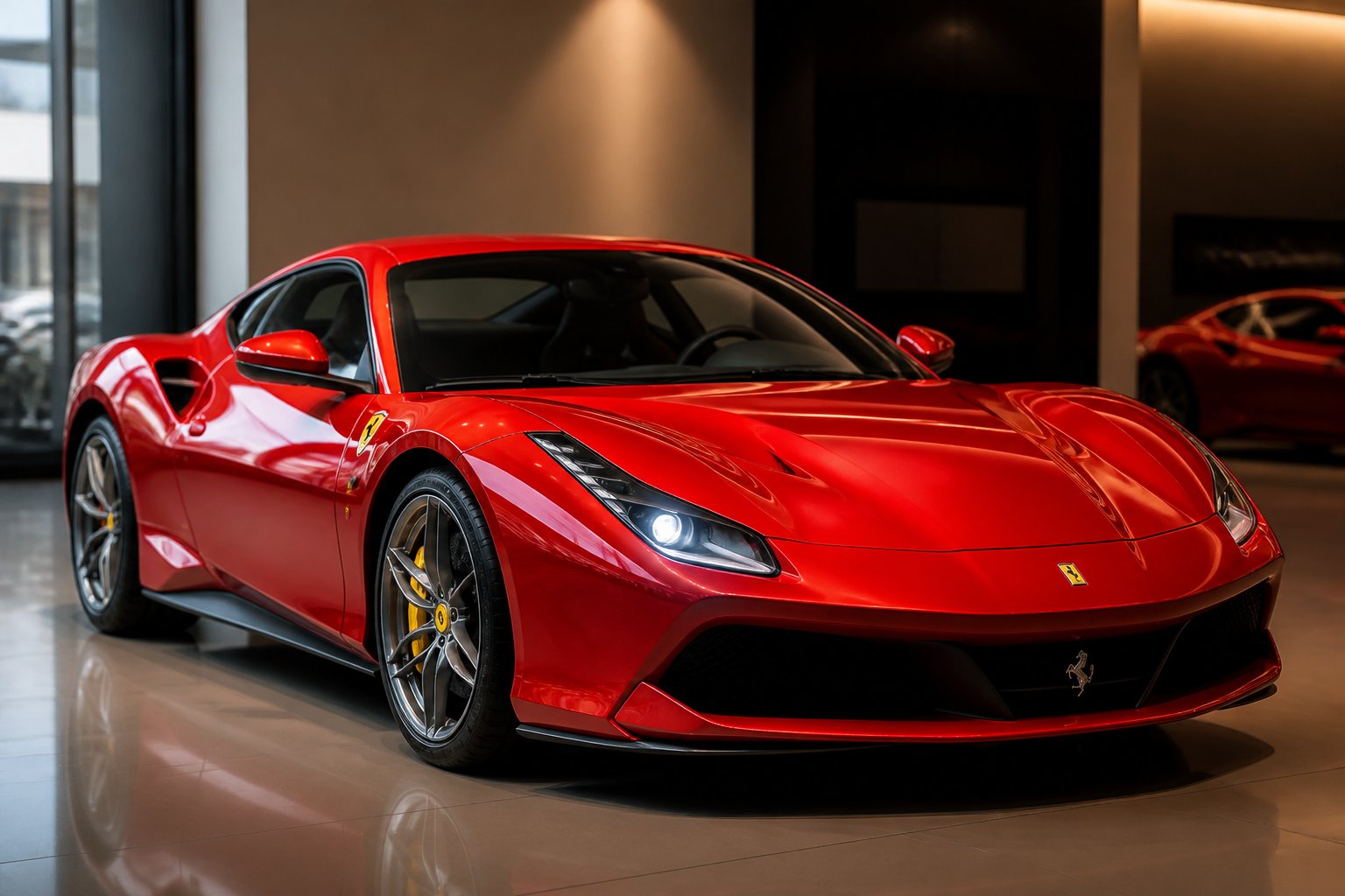 A red Ferrari sports car displayed in a clean, well-lit showroom.