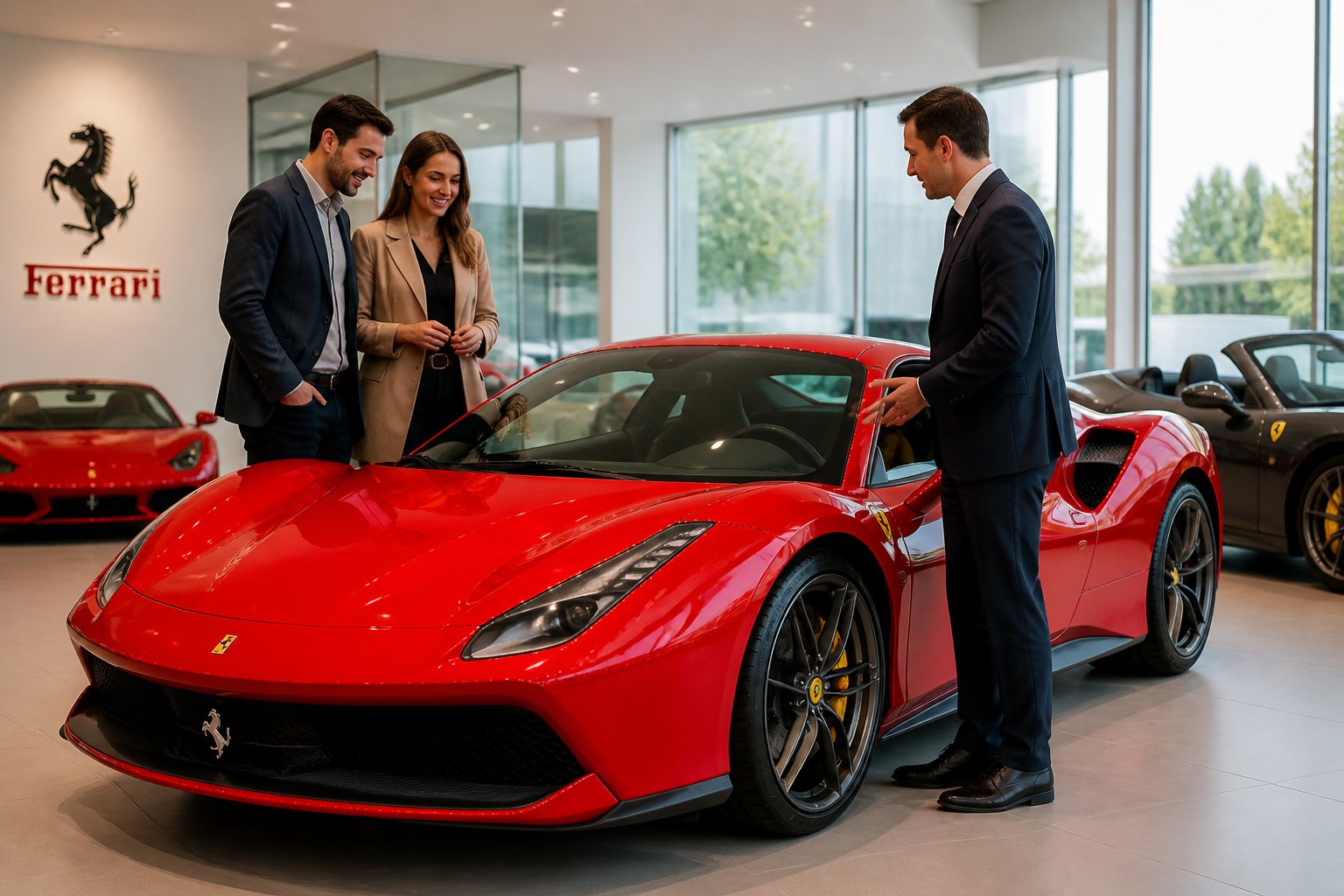 A red Ferrari sports car in a dealership showroom with a salesperson talking to a couple inspecting the car.