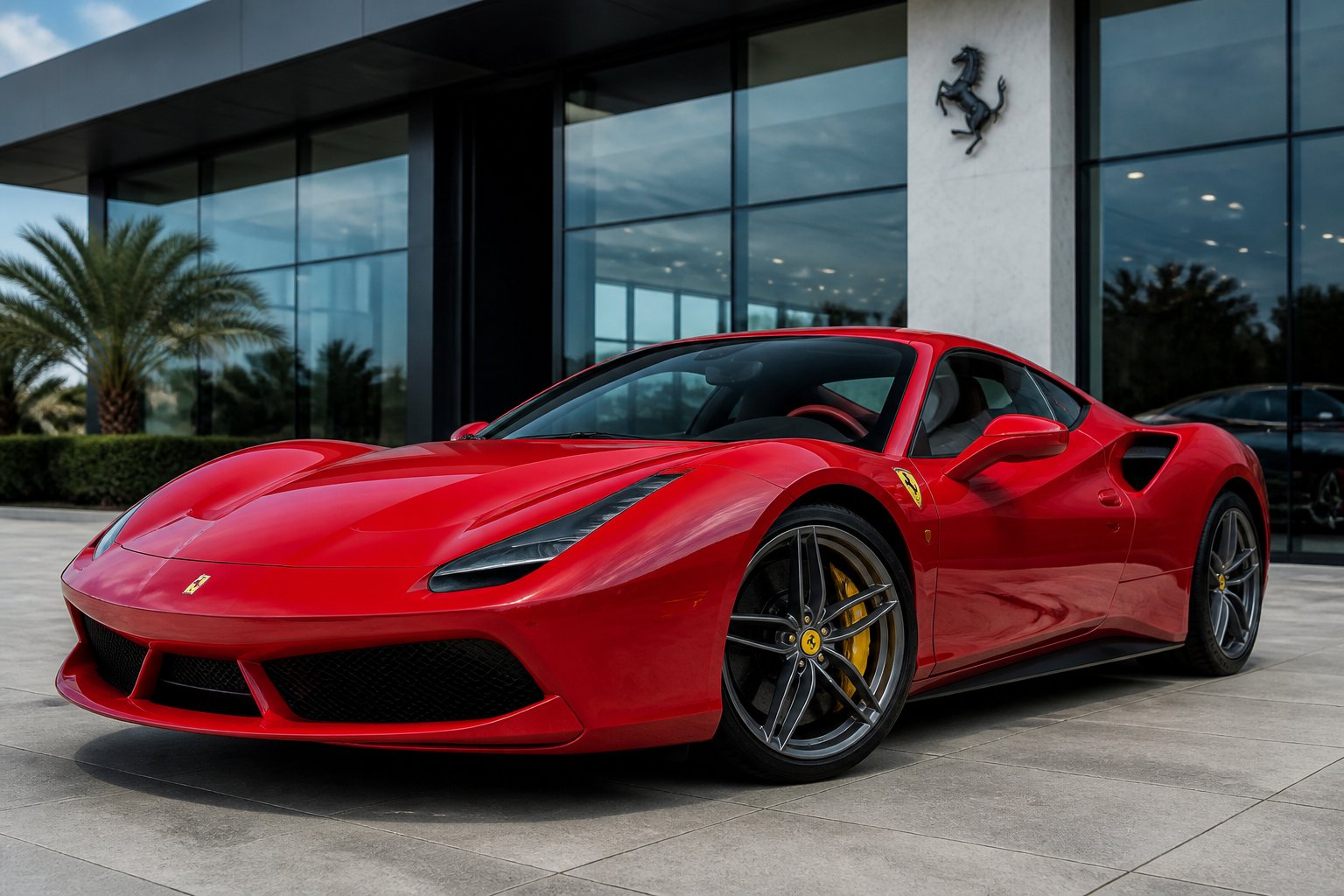 A red Ferrari sports car parked outside a modern luxury dealership on a clear day.