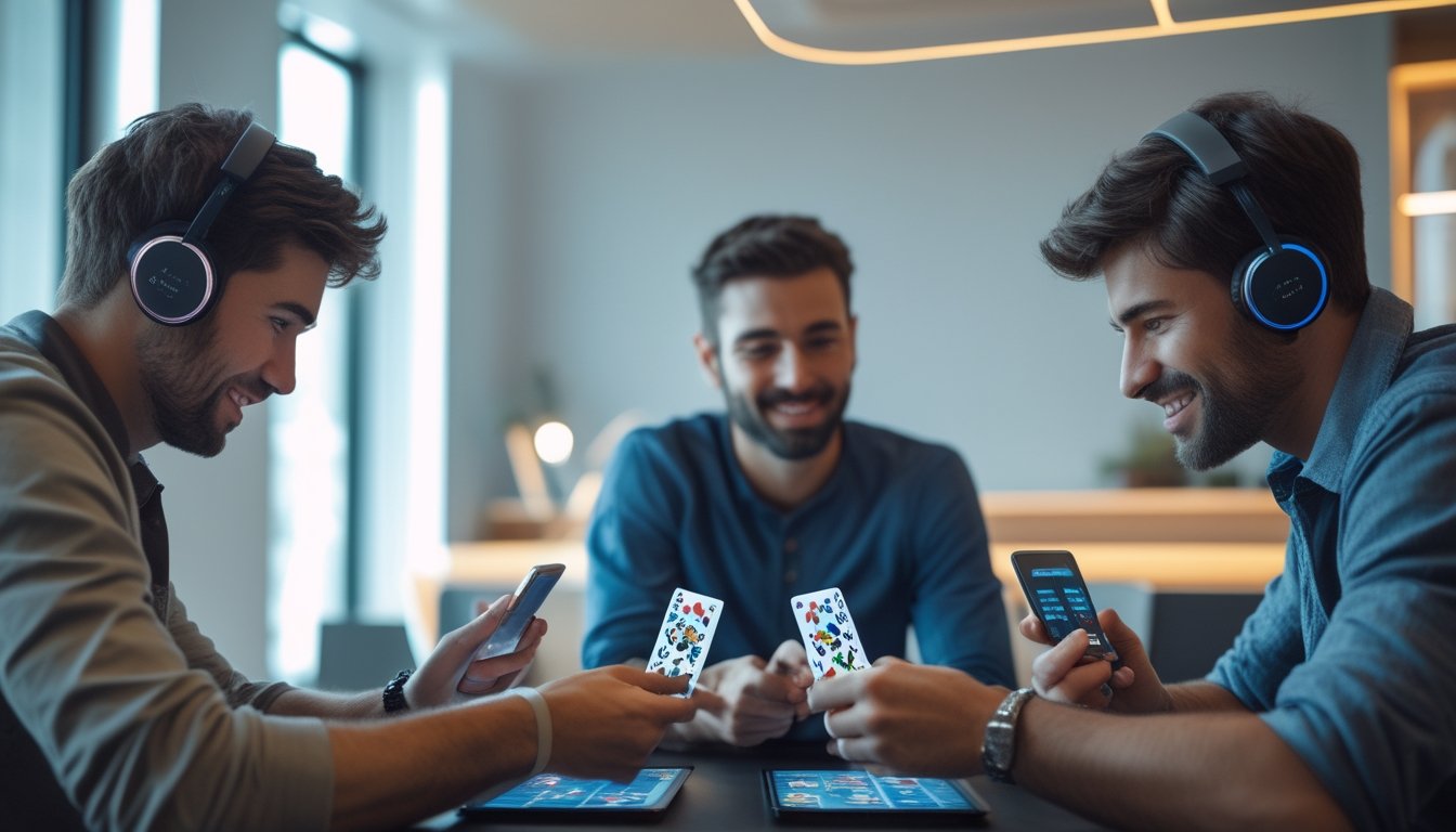 Dua hingga tiga orang sedang bermain kartu online bersama di sebuah ruangan modern.