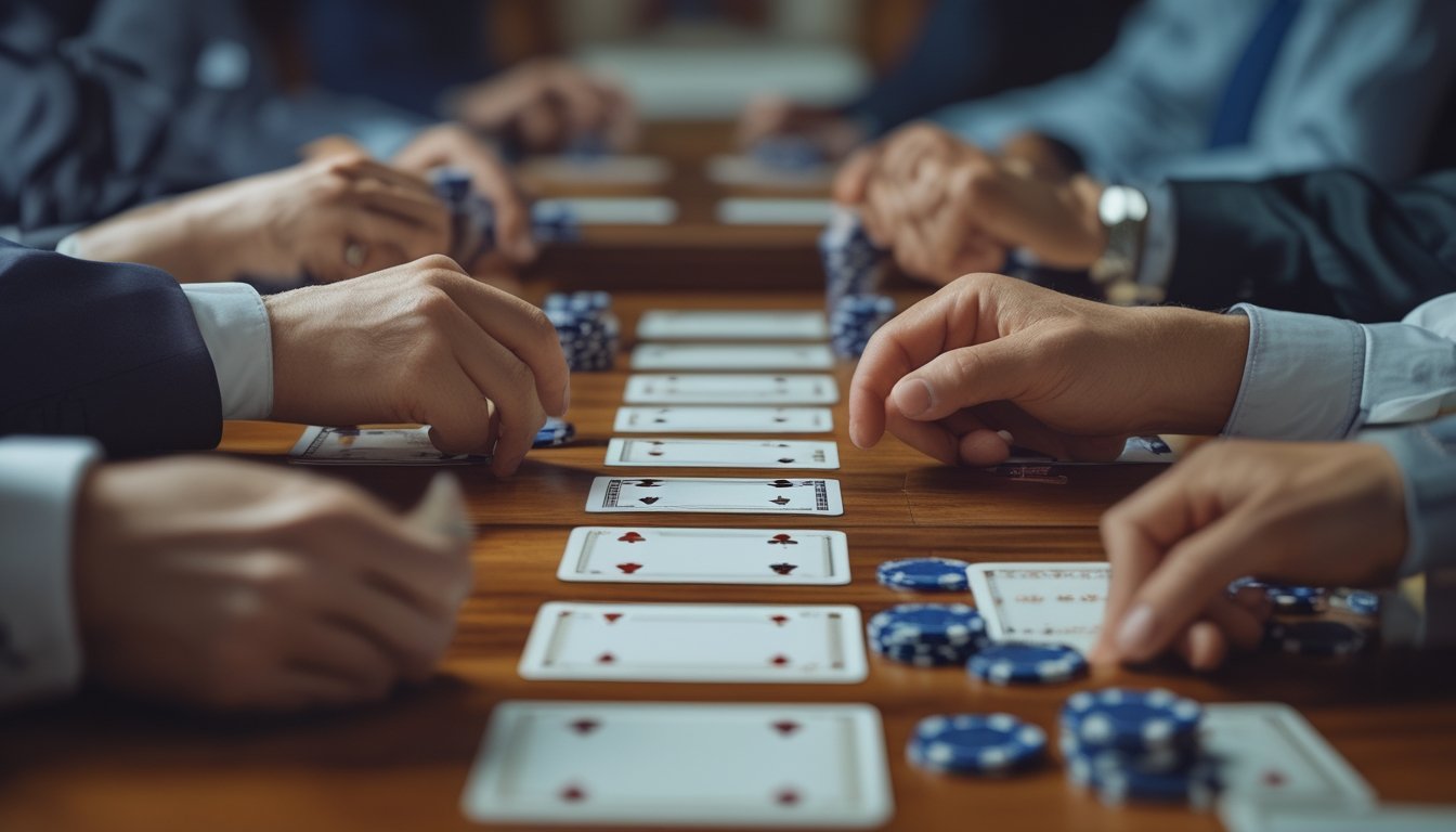 Beberapa pemain berpengalaman sedang bermain Capsa dengan kartu dan chip di atas meja kayu.