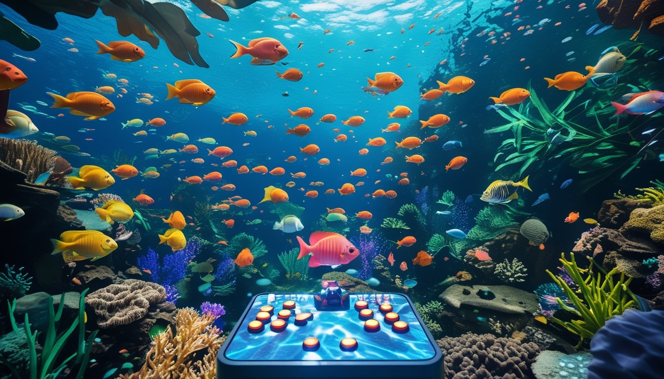 Pemandangan bawah laut yang penuh warna dengan ikan tropis berenang di sekitar terumbu karang dan sebuah mesin game arcade tembak ikan yang menyala.