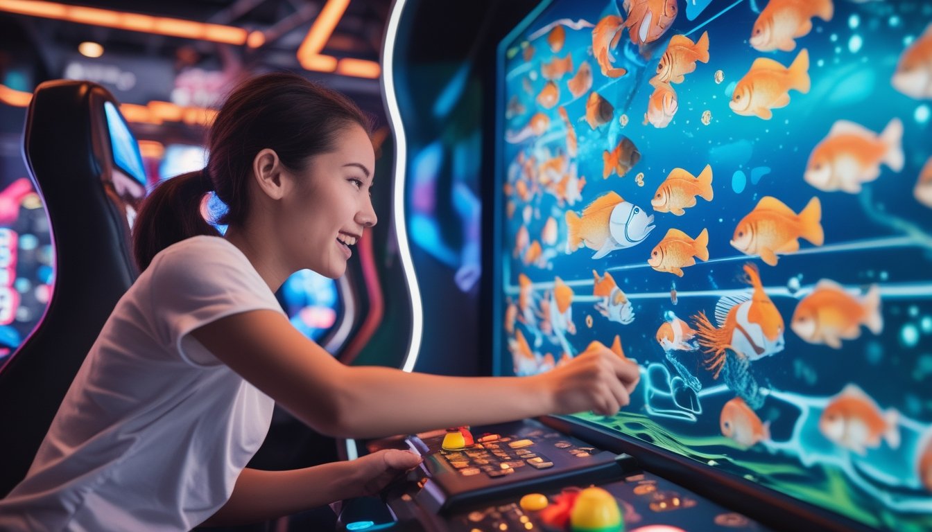 Seorang pemain sedang fokus memainkan permainan tembak ikan di mesin arcade dengan layar penuh warna dan ikan animasi yang bergerak cepat.