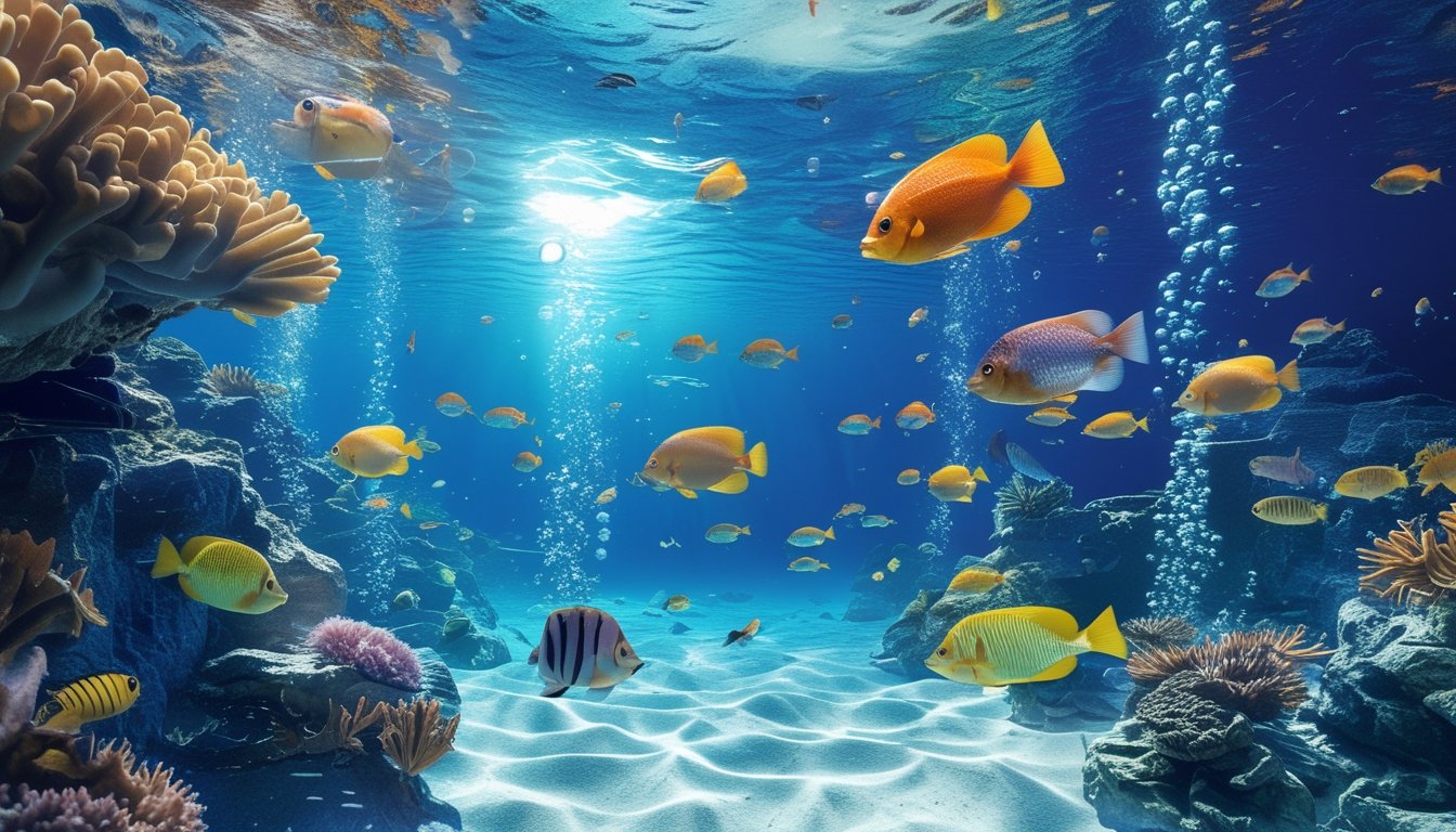 Pemandangan bawah laut yang realistis dengan ikan berwarna-warni berenang di antara terumbu karang.