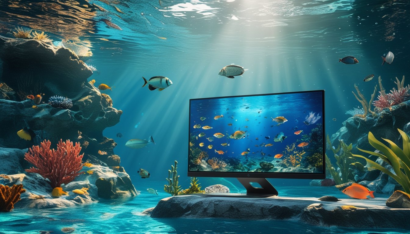 Pemandangan bawah laut yang realistis dengan berbagai ikan berwarna-warni dan terumbu karang, menampilkan suasana permainan tembak ikan.