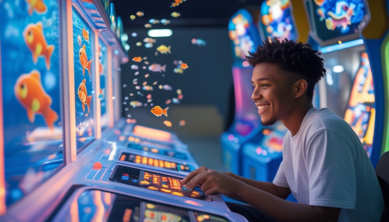 Seorang pemain muda sedang menikmati permainan tembak ikan di mesin arcade dengan ekspresi fokus dan senang.