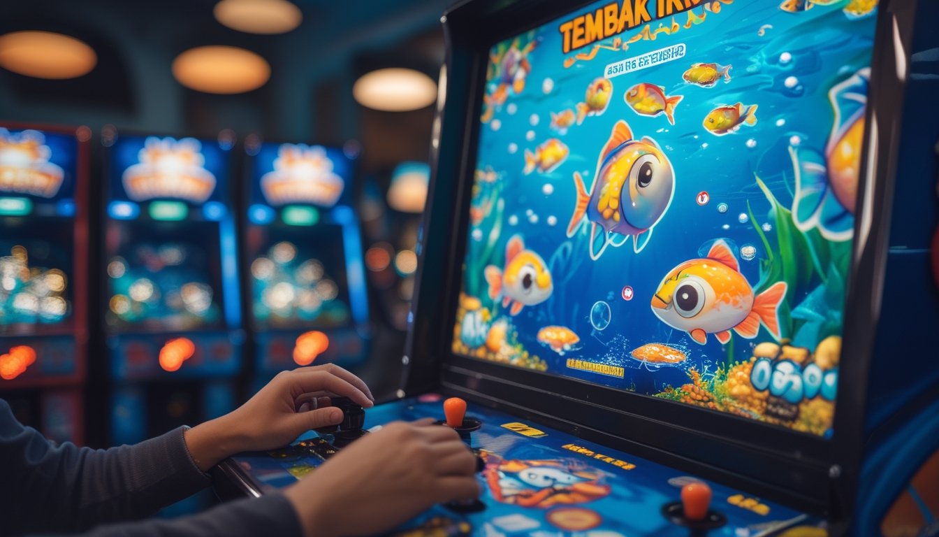 Seorang pemain sedang bermain game tembak ikan di mesin arcade dengan layar penuh warna dan suasana arcade yang cerah.