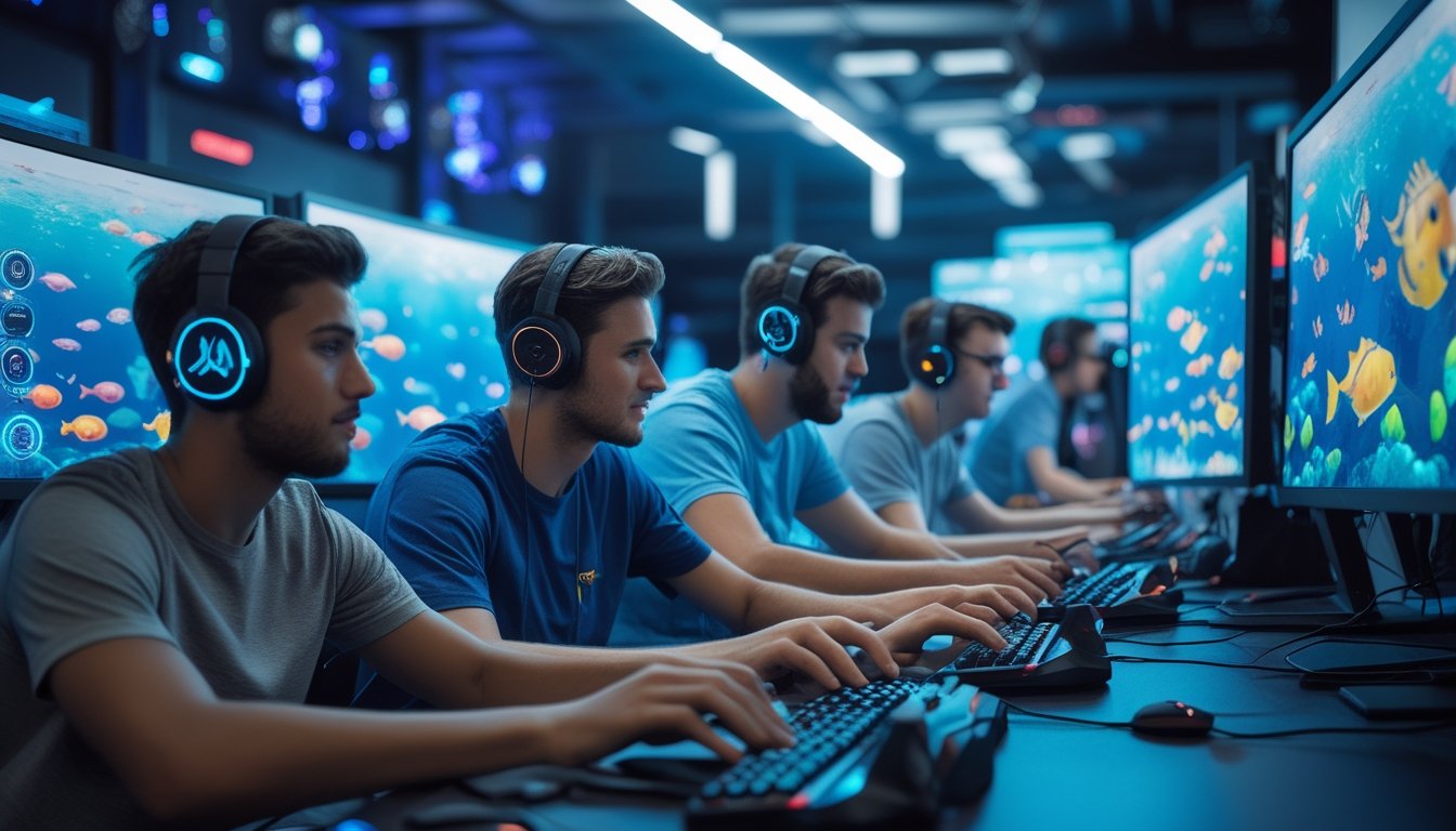 Sekelompok orang muda sedang bermain game tembak ikan online secara multiplayer di sebuah ruangan gaming modern.