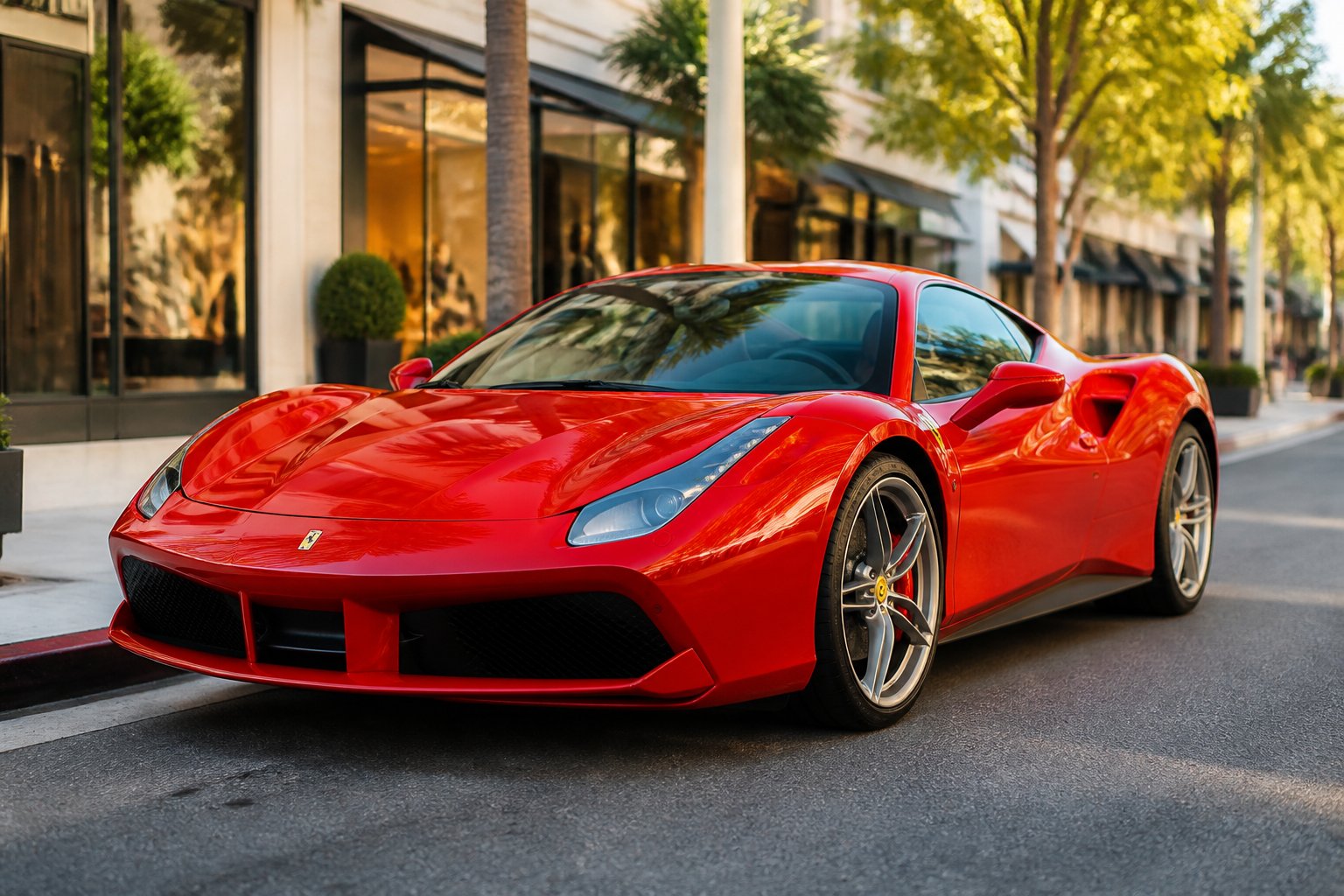 A red Ferrari supercar parked on a city street with buildings and trees in the background.
