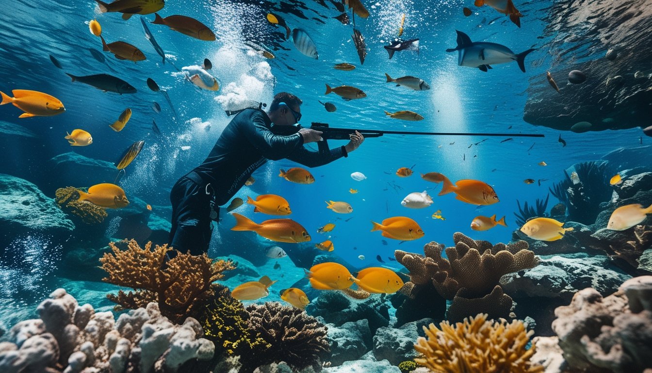 Orang sedang menembak ikan di bawah laut dengan berbagai jenis ikan unik dan terumbu karang di sekitar.