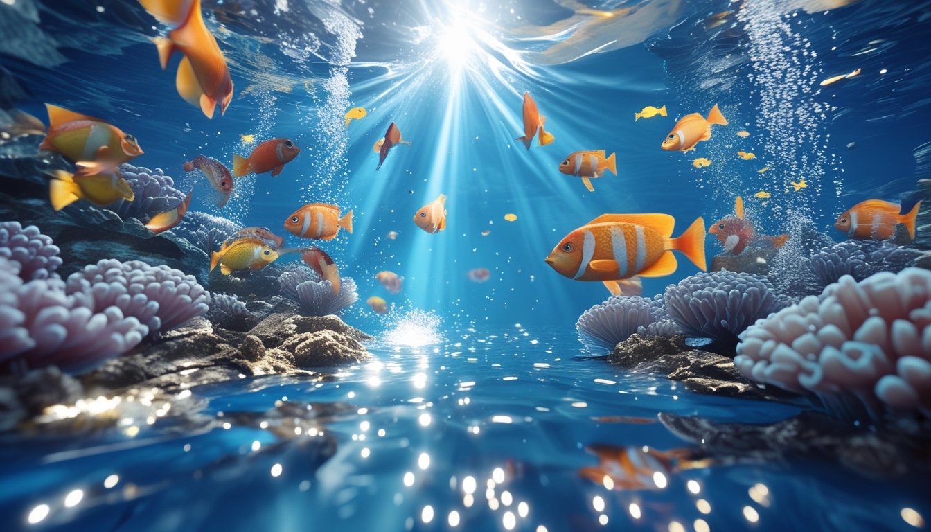 Pemandangan bawah laut dengan ikan-ikan berwarna-warni dan terumbu karang yang hidup, menggambarkan suasana permainan menembak ikan yang seru.
