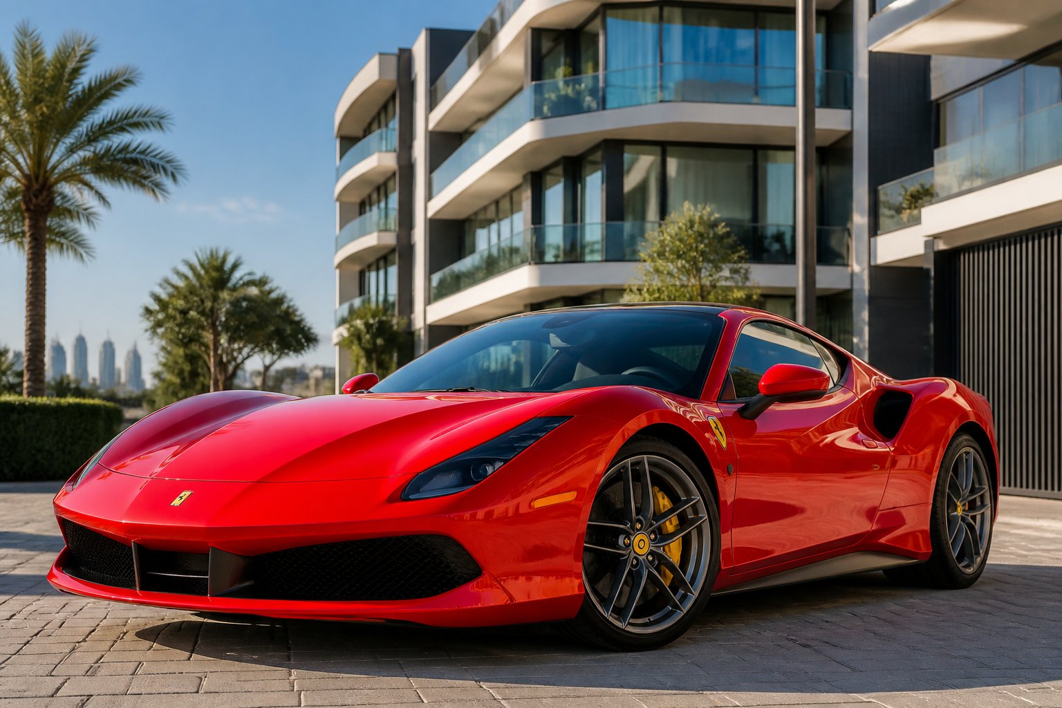 A red Ferrari supercar parked in front of a modern luxury apartment building on a clear day.