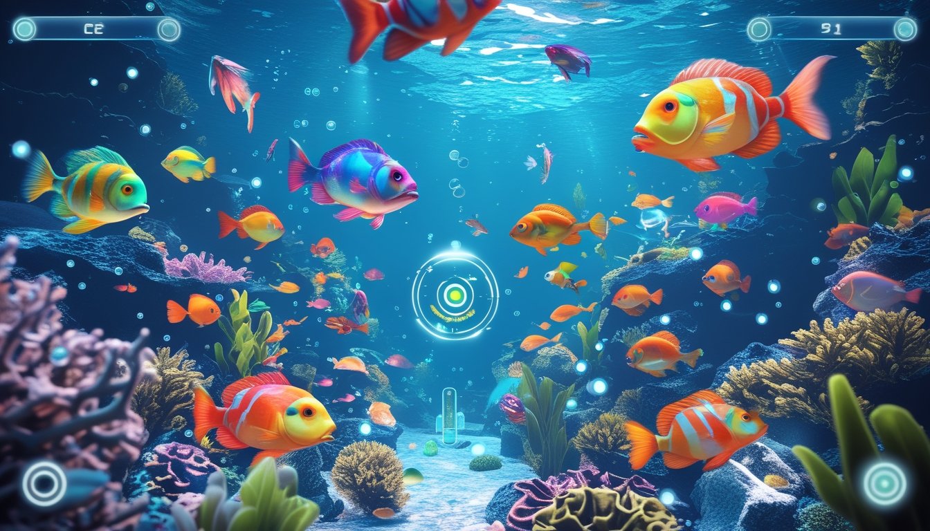 Pemandangan bawah laut yang penuh warna dengan berbagai ikan berenang di sekitar terumbu karang dan tanaman air, menunjukkan suasana permainan tembak ikan yang seru.