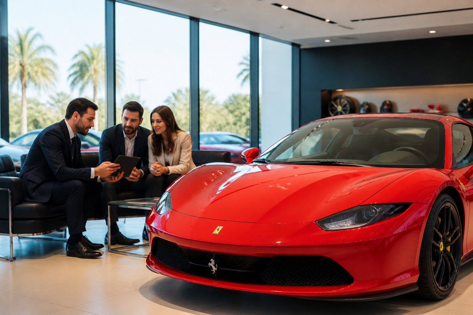 A red Ferrari supercar in a modern showroom with a sales consultant talking to a couple about financing options.
