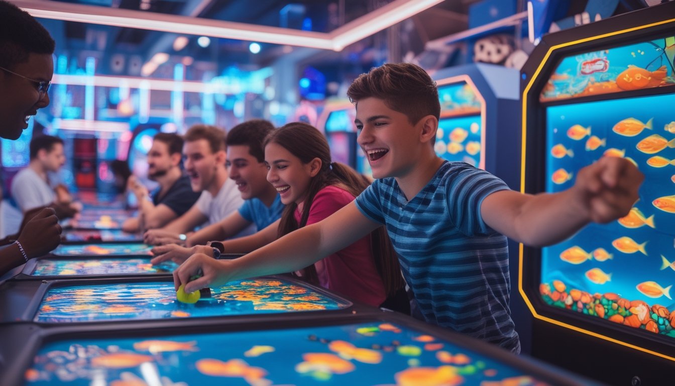 Beberapa orang sedang bermain permainan tembak ikan di mesin arcade dengan ekspresi antusias di sebuah ruang arcade yang penuh warna.