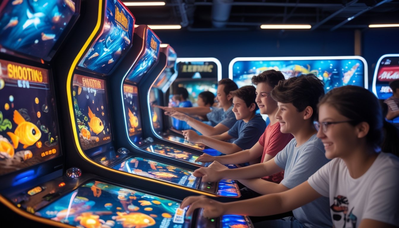 Beberapa orang sedang bermain mesin permainan tembak ikan arcade di area arcade yang ramai dan penuh warna.