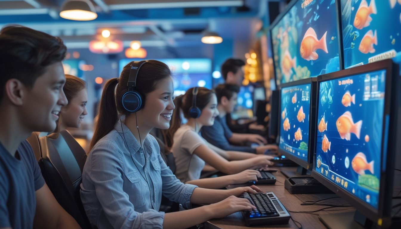 Beberapa orang sedang bermain game tembak ikan secara online di sebuah ruangan dengan komputer dan perangkat bermain, menampilkan layar dengan gambar ikan berwarna-warni.