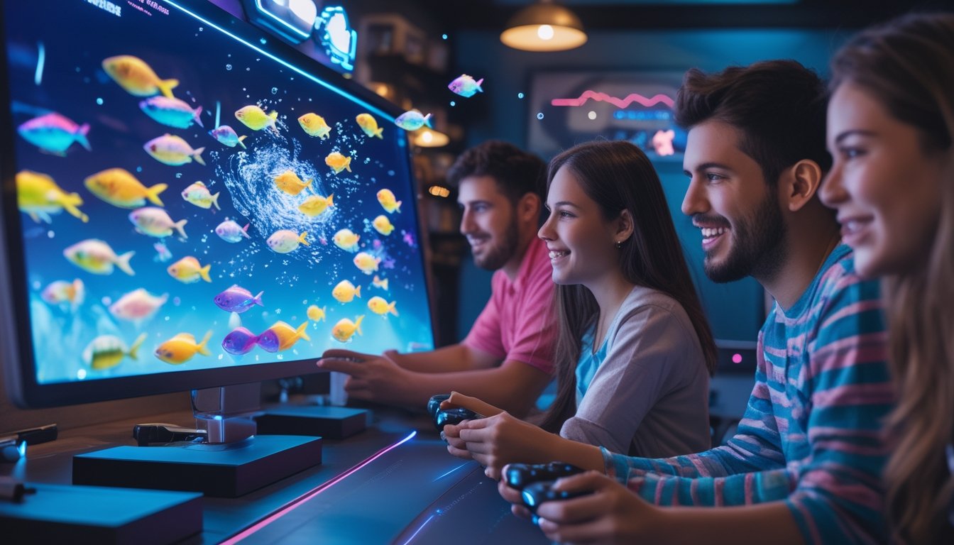 Sekelompok orang muda sedang bermain game tembak ikan di layar komputer dengan animasi ikan berwarna-warni dan efek suara di ruangan bermain yang nyaman.