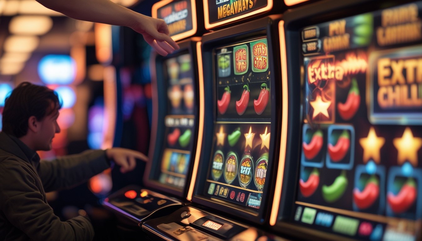 Seorang pemain sedang berinteraksi dengan mesin slot Extra Chilli Megaways yang menampilkan simbol cabai berwarna-warni di layar.