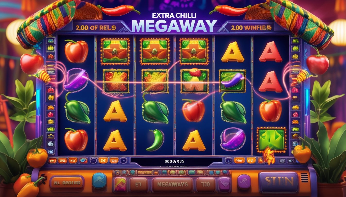 Mesin slot dengan simbol cabai dan elemen bertema Meksiko yang menunjukkan mekanisme Megaways dengan jumlah simbol yang berubah-ubah di setiap gulungan.