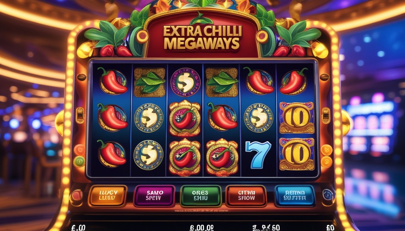 Mesin slot dengan tema cabai merah yang berwarna-warni dan suasana kasino modern di latar belakang.