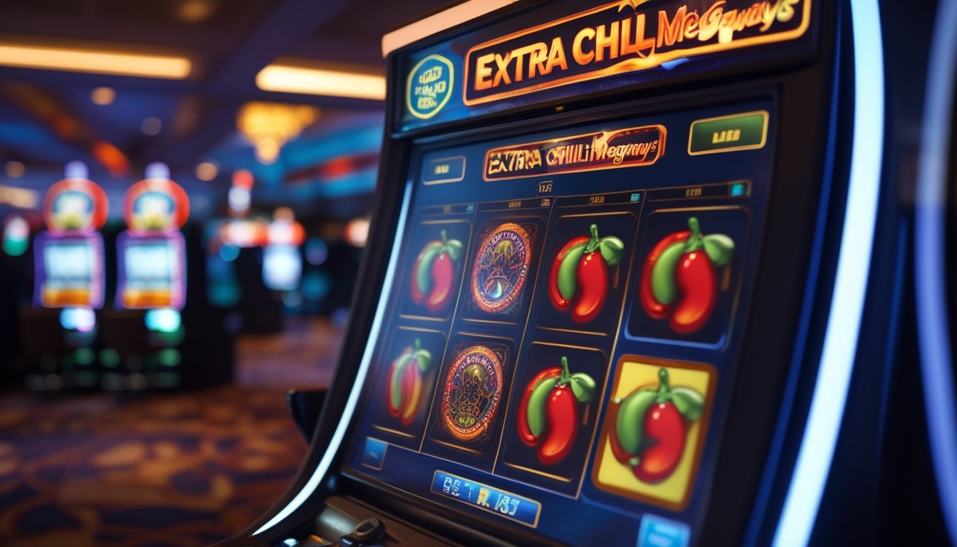 Mesin slot digital dengan simbol cabai berwarna cerah dan pemain sedang bersiap memutar gulungan di kasino.